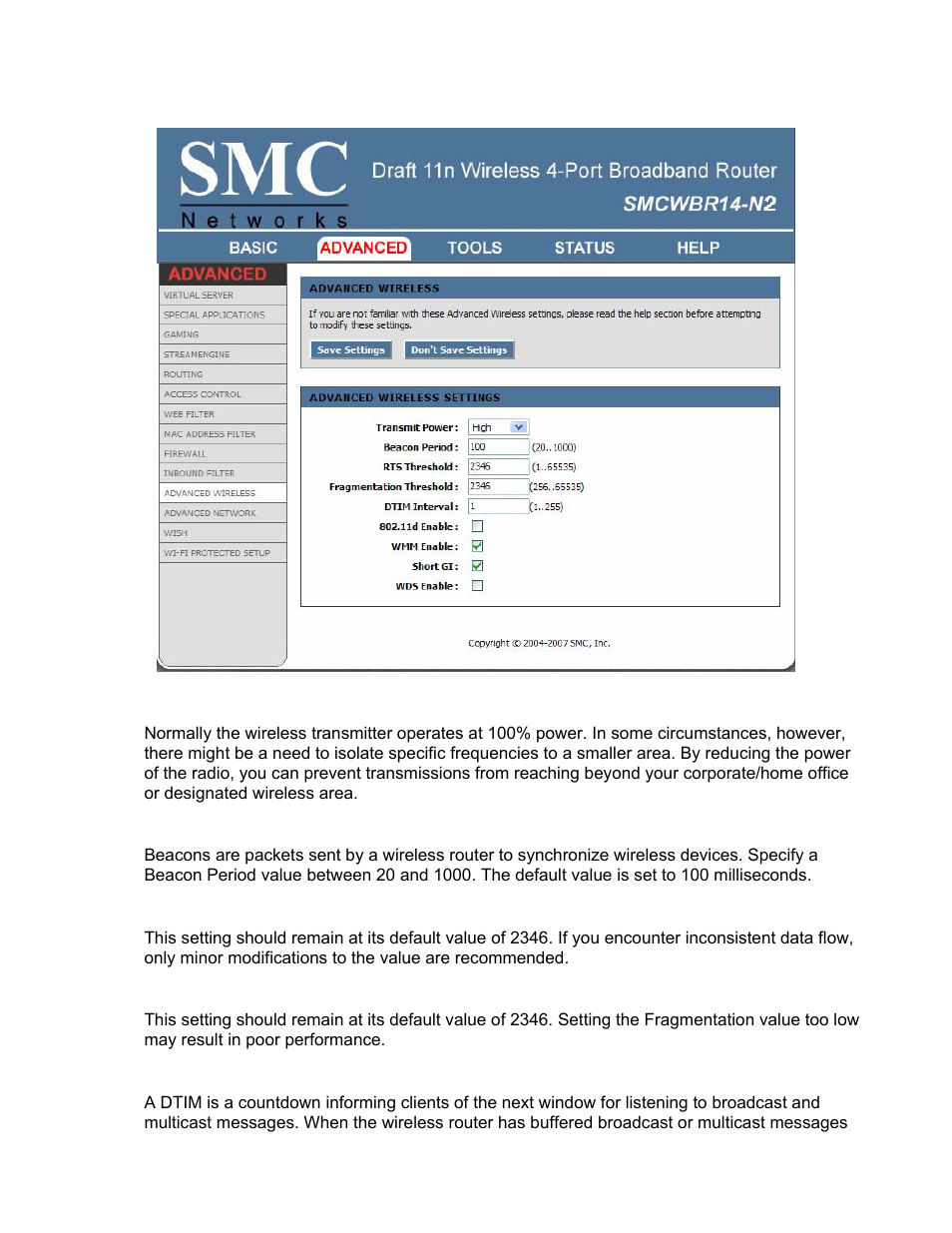 Advanced_advanced wireless | SMC Networks BARRICADE SMCWBR14-N2 User Manual | Page 52 / 103