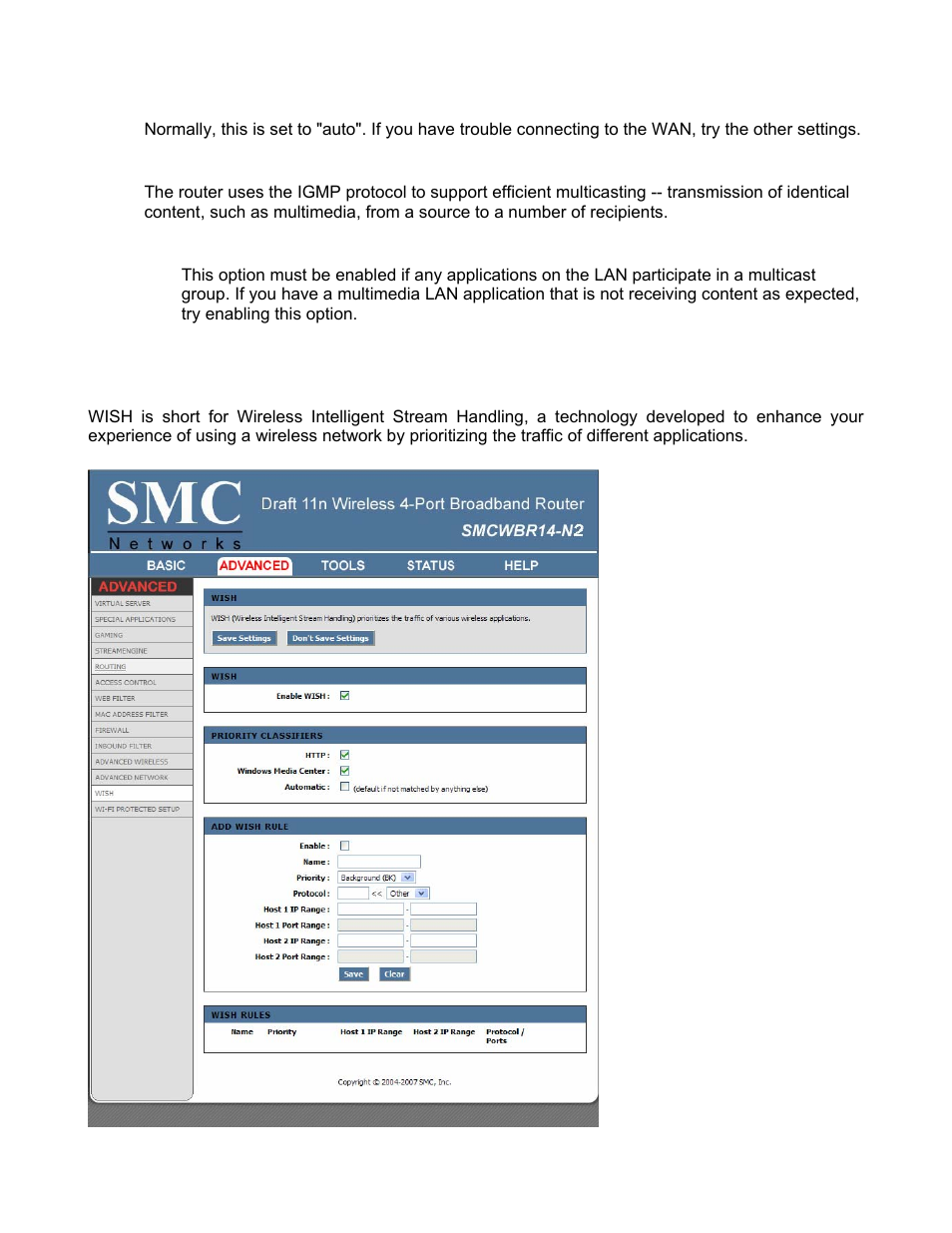 Advanced_wish | SMC Networks BARRICADE SMCWBR14-N2 User Manual | Page 55 / 103