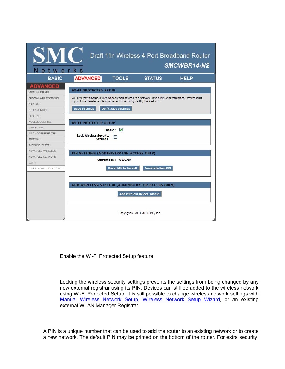 Advanced_wi-fi protected setup | SMC Networks BARRICADE SMCWBR14-N2 User Manual | Page 58 / 103