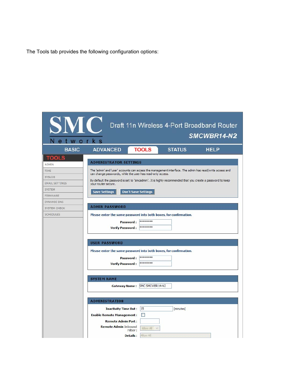 Tools, Tools_admin | SMC Networks BARRICADE SMCWBR14-N2 User Manual | Page 60 / 103