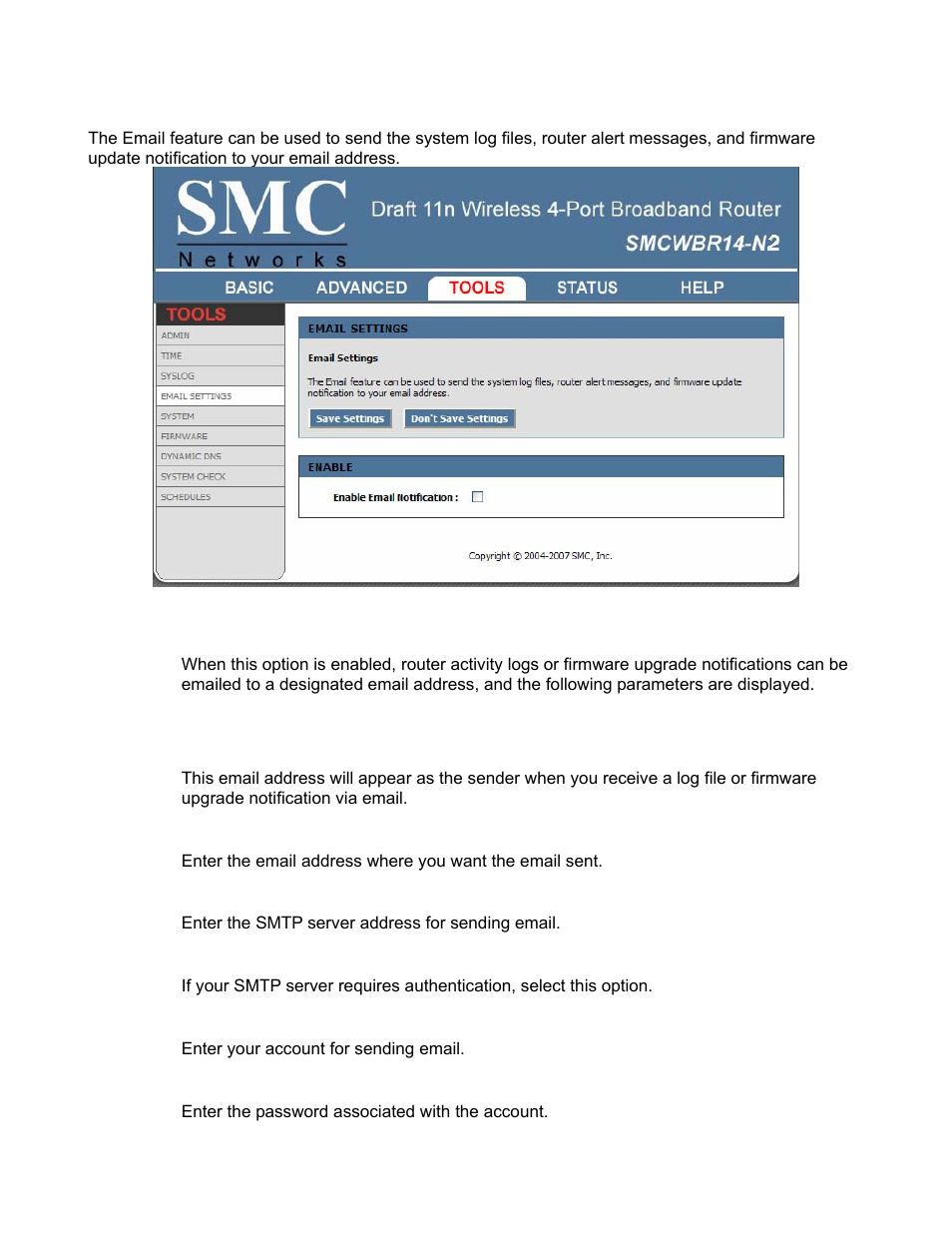 Tools_email settings | SMC Networks BARRICADE SMCWBR14-N2 User Manual | Page 65 / 103