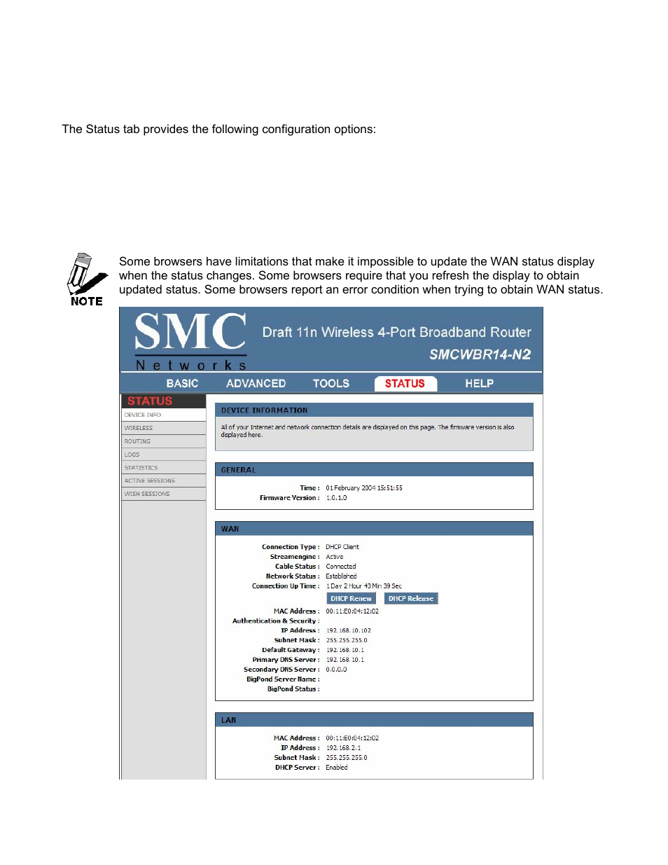 Status, Status_device info | SMC Networks BARRICADE SMCWBR14-N2 User Manual | Page 75 / 103