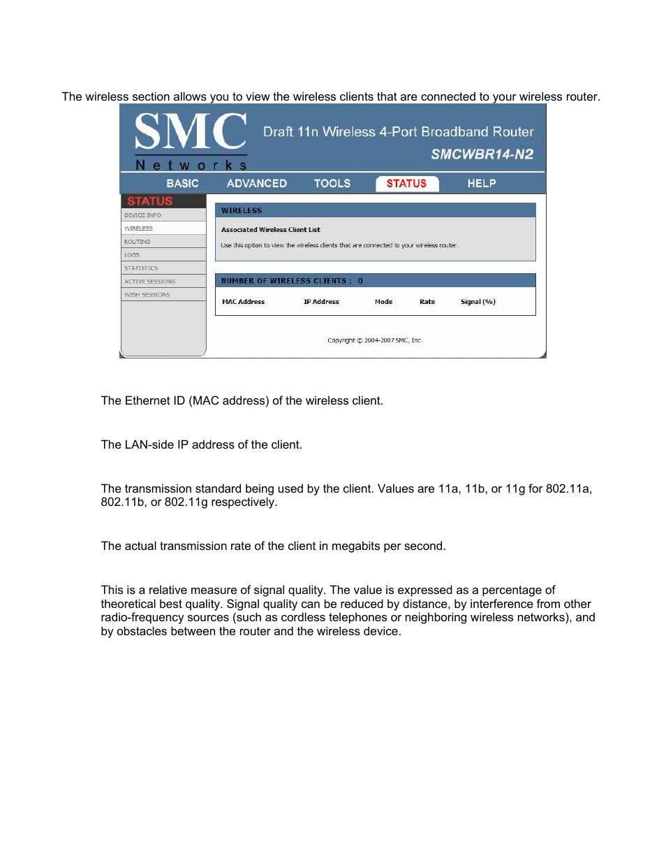 Status_wireless | SMC Networks BARRICADE SMCWBR14-N2 User Manual | Page 77 / 103