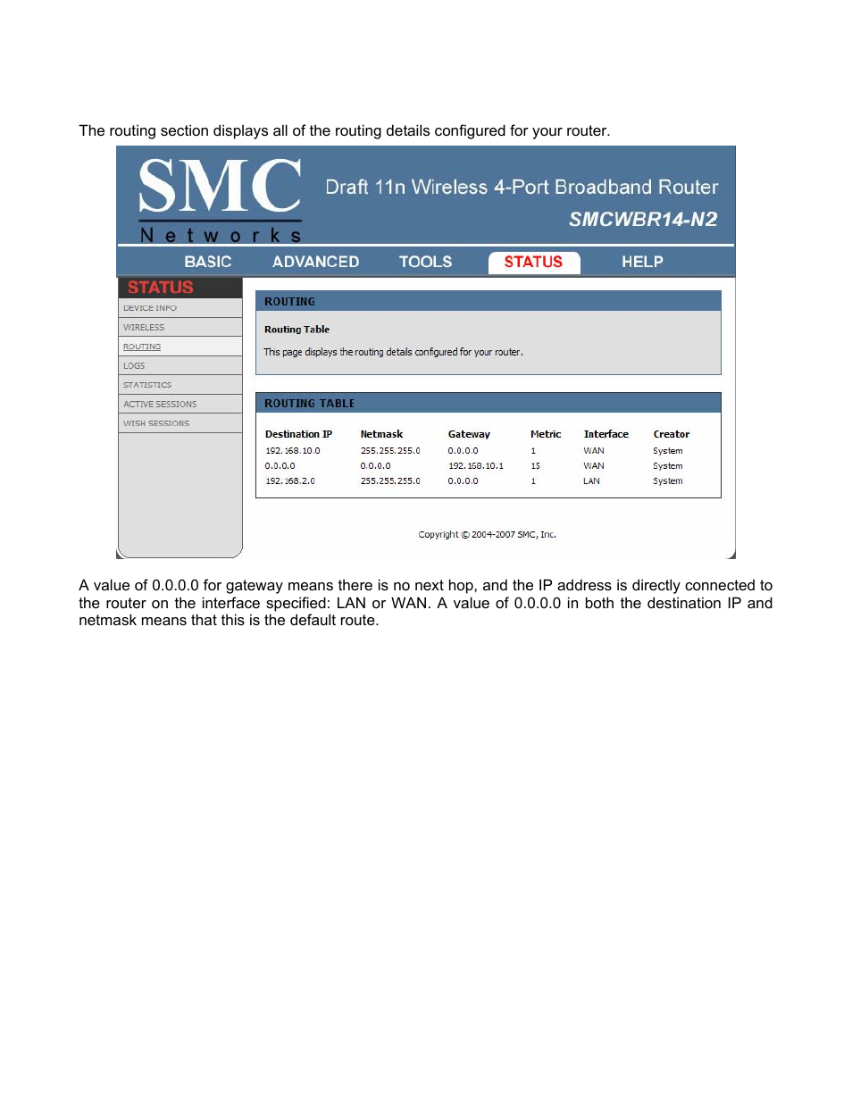 Status_routing | SMC Networks BARRICADE SMCWBR14-N2 User Manual | Page 78 / 103