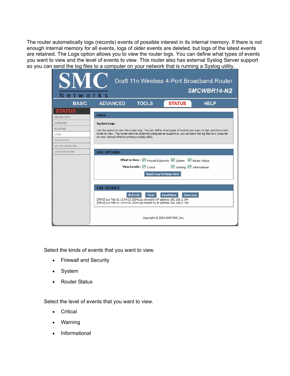 Status_logs | SMC Networks BARRICADE SMCWBR14-N2 User Manual | Page 79 / 103