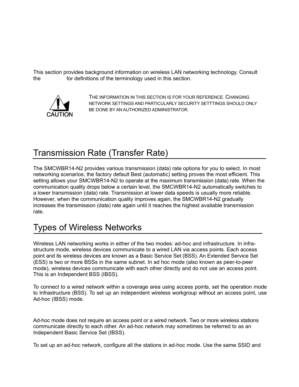 Wireless lan networking, Transmission rate (transfer rate), Types of wireless networks | SMC Networks BARRICADE SMCWBR14-N2 User Manual | Page 8 / 103