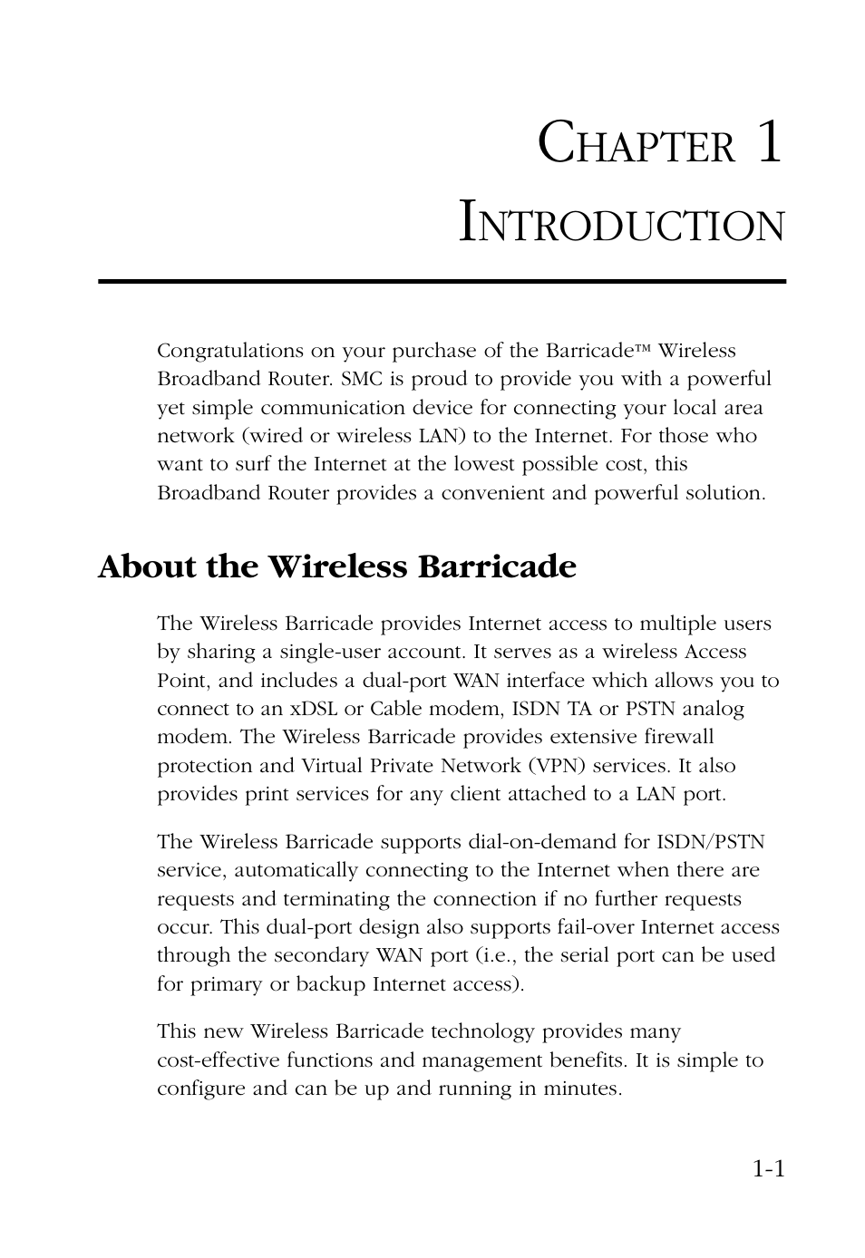 Chapter 1 introduction, About the wireless barricade, Introduction -1 | About the wireless barricade -1, Hapter, Ntroduction | SMC Networks Barricade SMC7004AWBR User Manual | Page 15 / 94