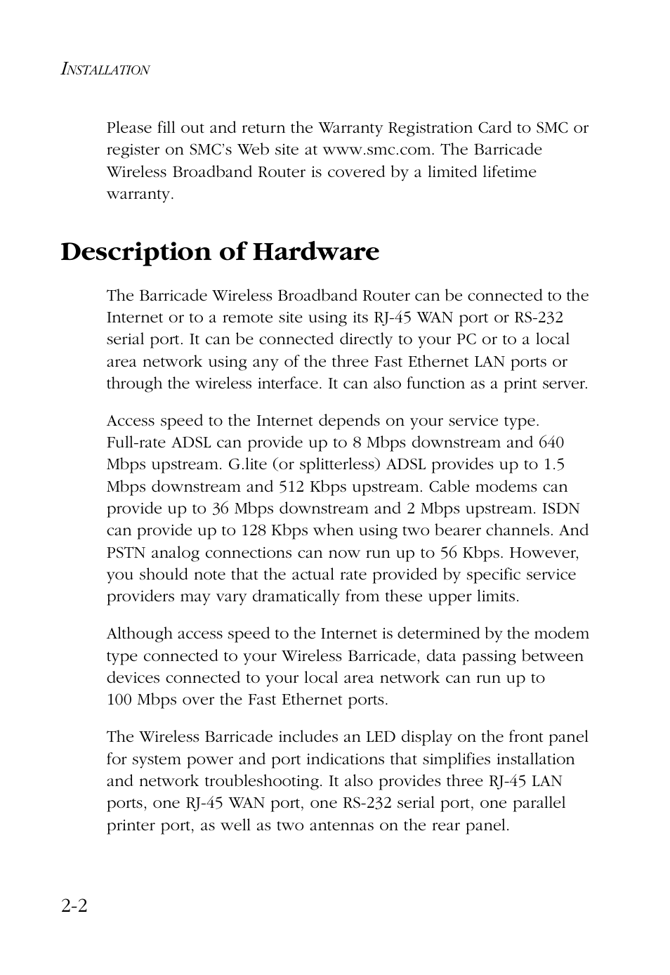 Description of hardware, Description of hardware -2 | SMC Networks Barricade SMC7004AWBR User Manual | Page 22 / 94