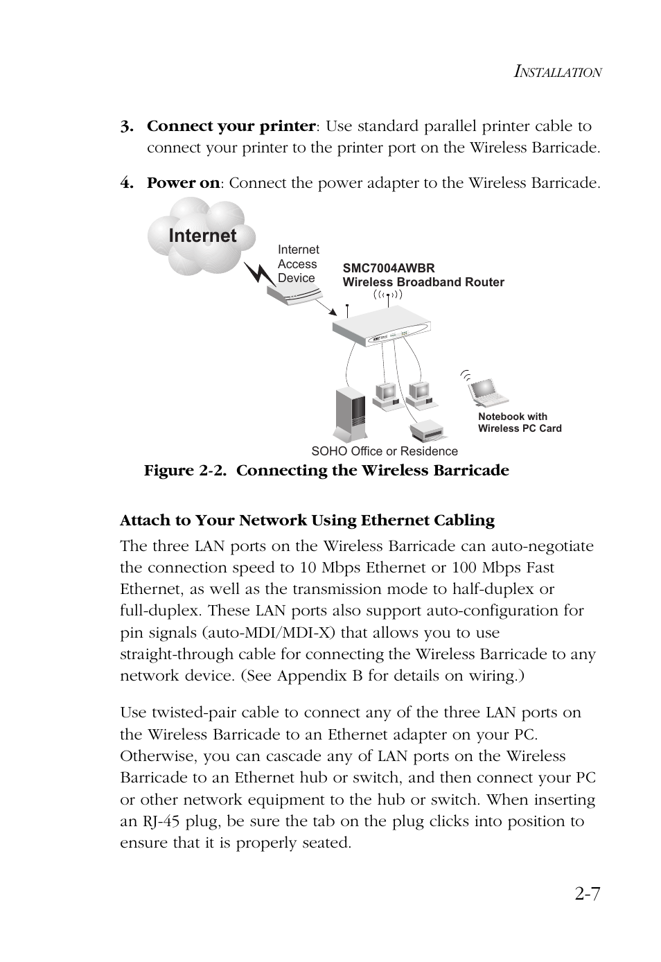 Attach to your network using ethernet cabling, Attach to your network using ethernet cabling -7, Internet | SMC Networks Barricade SMC7004AWBR User Manual | Page 27 / 94