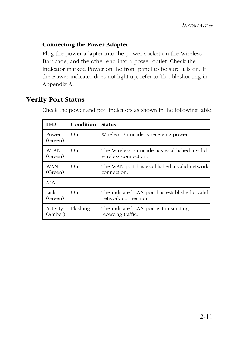 Connecting the power adapter, Verify port status, Connecting the power adapter -11 | Verify port status -11 | SMC Networks Barricade SMC7004AWBR User Manual | Page 31 / 94