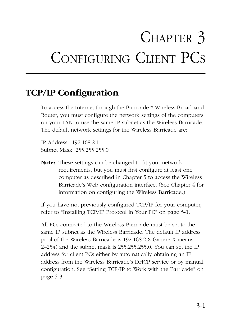 Chapter 3 configuring client pcs, Tcp/ip configuration, Configuring client pcs -1 | Tcp/ip configuration -1, Hapter, Onfiguring, Lient | SMC Networks Barricade SMC7004AWBR User Manual | Page 33 / 94