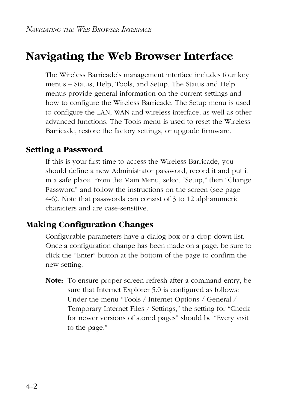 Navigating the web browser interface, Setting a password, Making configuration changes | Navigating the web browser interface -2 | SMC Networks Barricade SMC7004AWBR User Manual | Page 36 / 94