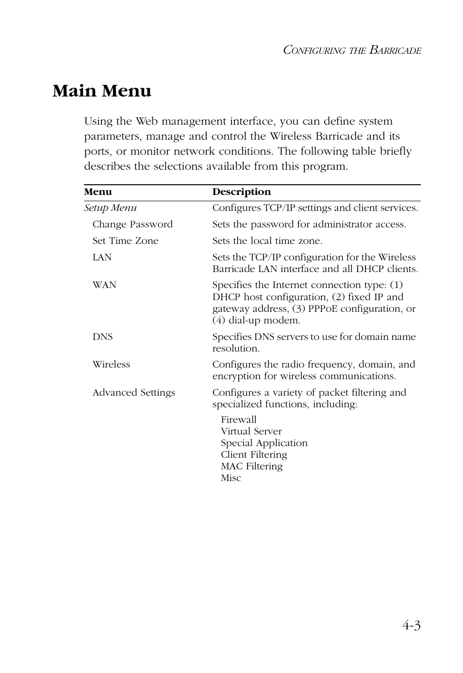 Main menu, Main menu -3 | SMC Networks Barricade SMC7004AWBR User Manual | Page 37 / 94