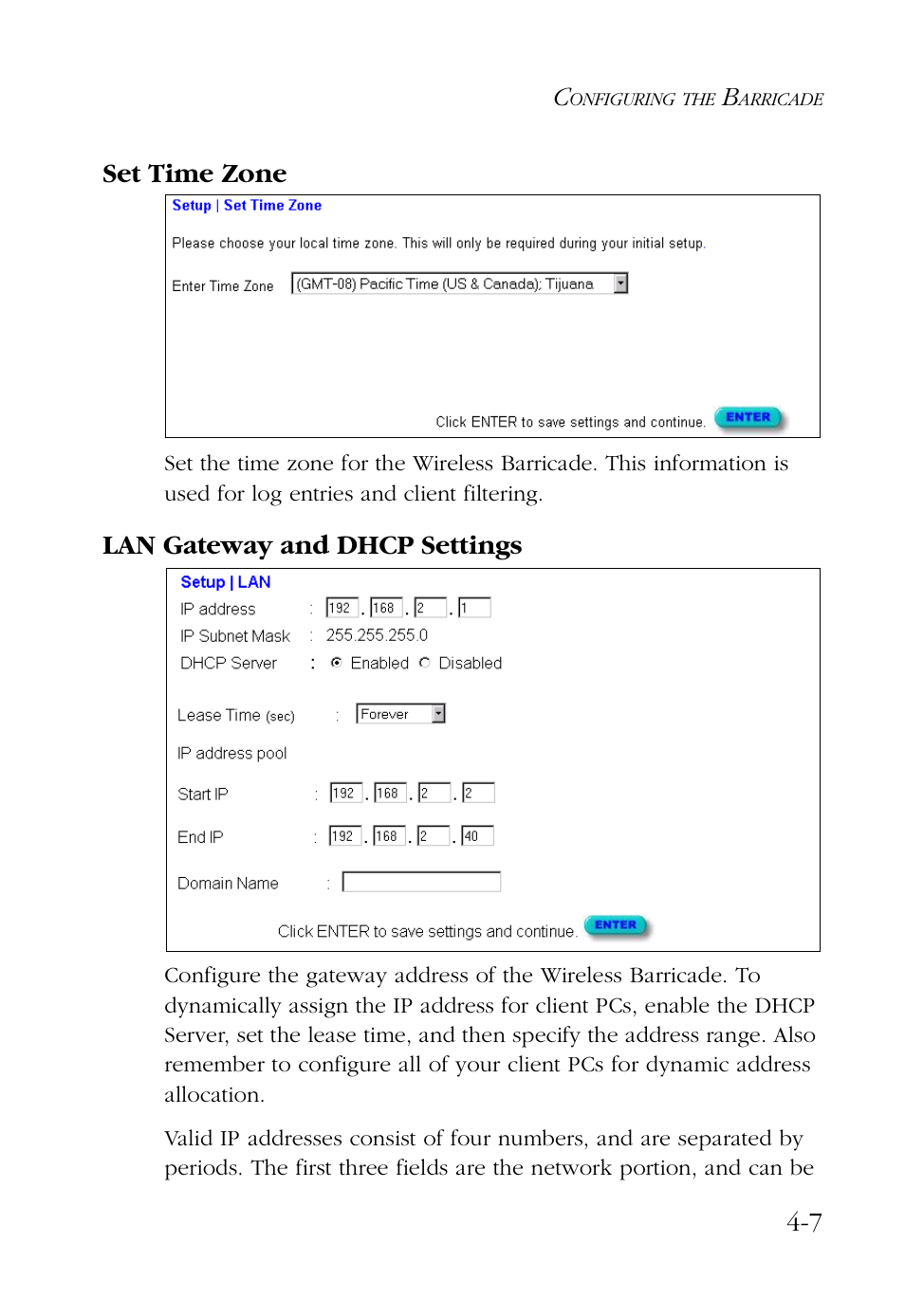 Set time zone, Lan gateway and dhcp settings, Set time zone -7 lan gateway and dhcp settings -7 | SMC Networks Barricade SMC7004AWBR User Manual | Page 41 / 94