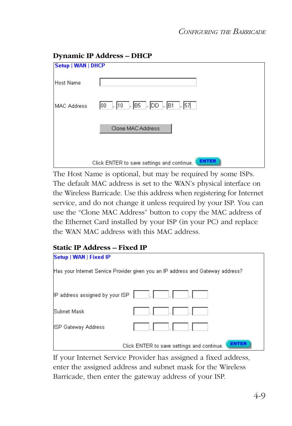 Dynamic ip address – dhcp, Static ip address – fixed ip | SMC Networks Barricade SMC7004AWBR User Manual | Page 43 / 94