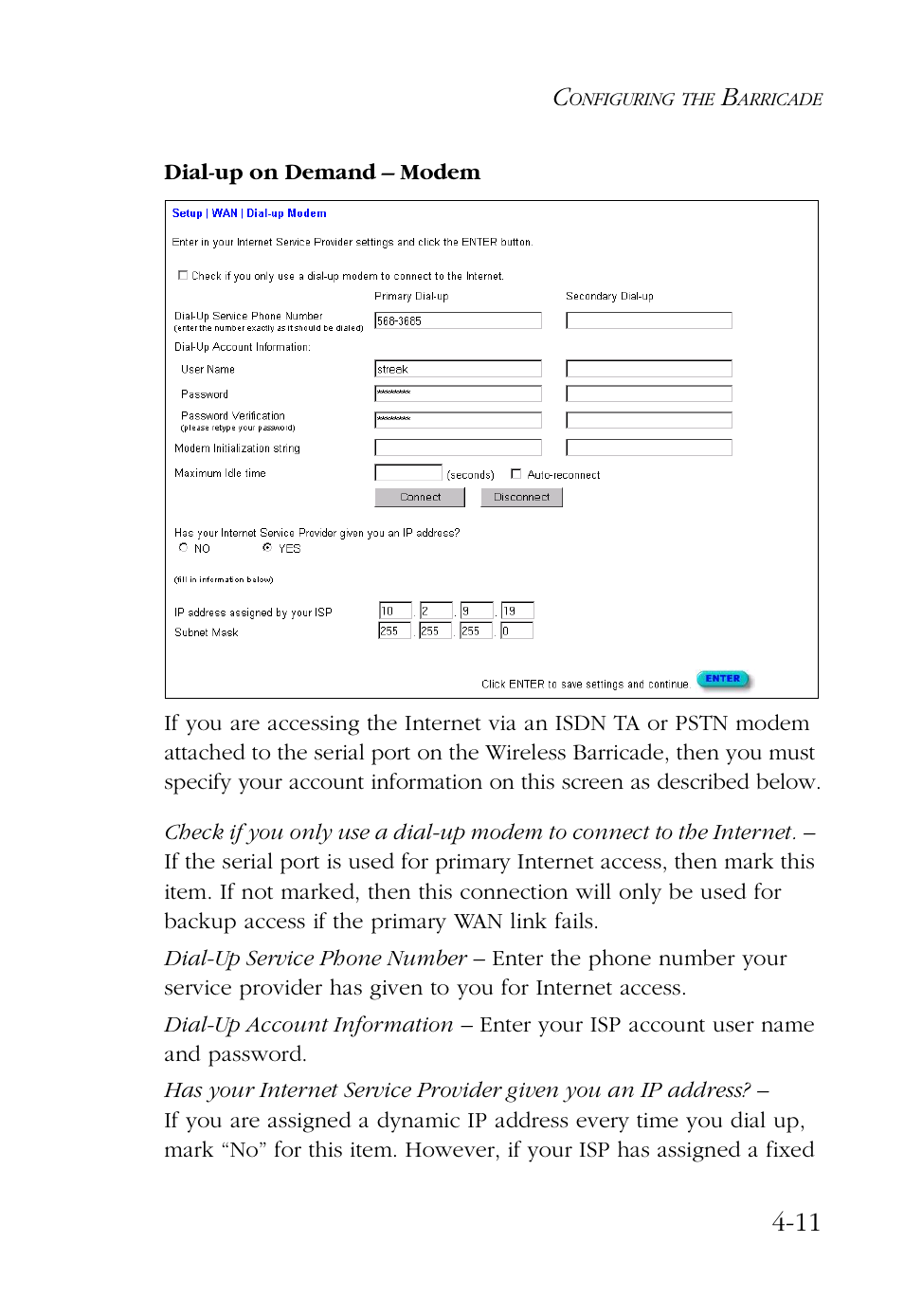 Dial-up on demand – modem, Dial-up on demand – modem -11 | SMC Networks Barricade SMC7004AWBR User Manual | Page 45 / 94