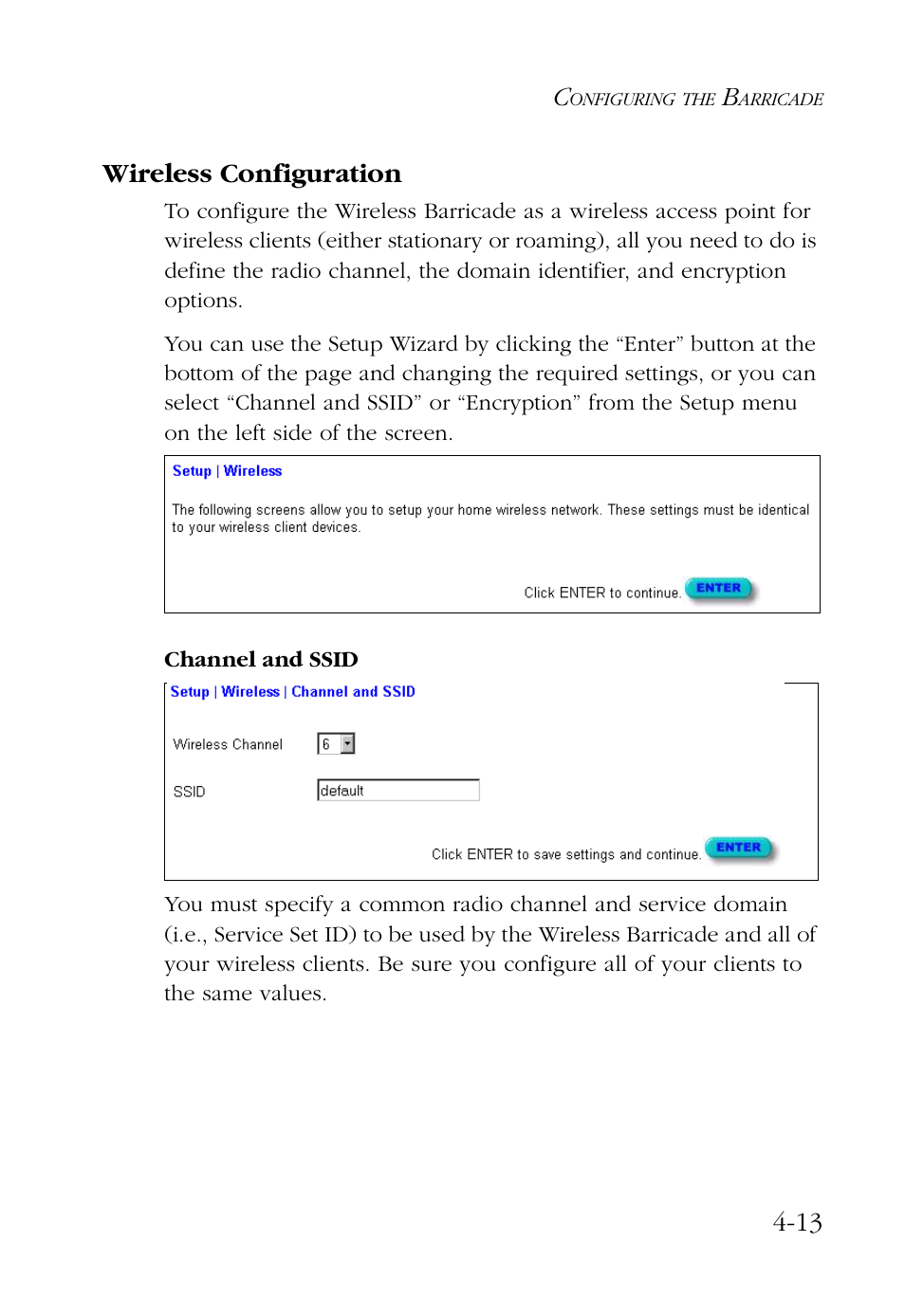 Wireless configuration, Channel and ssid, Wireless configuration -13 | Channel and ssid -13, 13 wireless configuration | SMC Networks Barricade SMC7004AWBR User Manual | Page 47 / 94