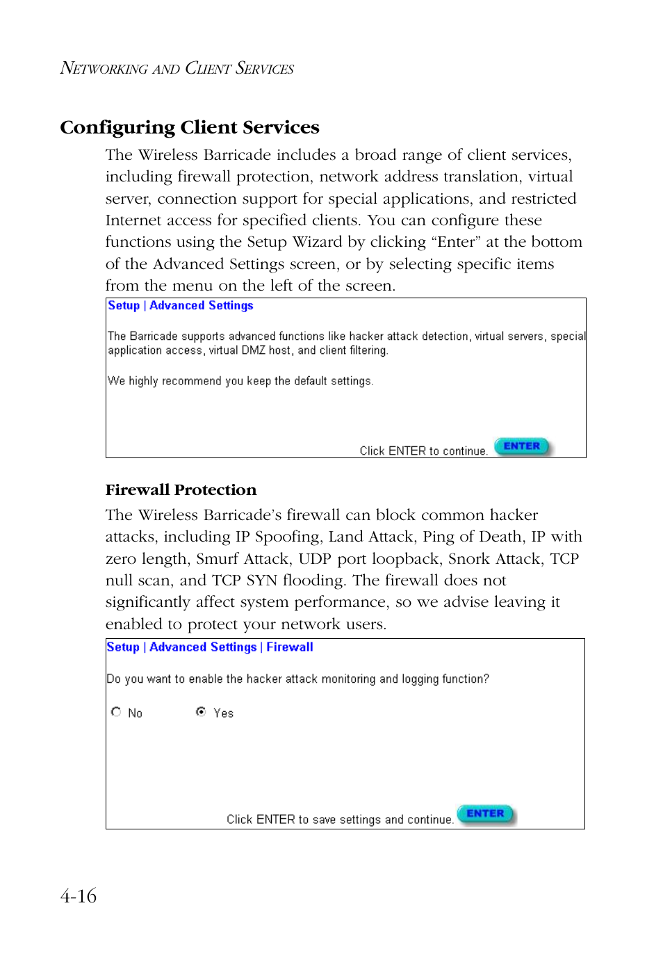 Configuring client services, Firewall protection, Configuring client services -16 | Firewall protection -16, 16 configuring client services | SMC Networks Barricade SMC7004AWBR User Manual | Page 50 / 94