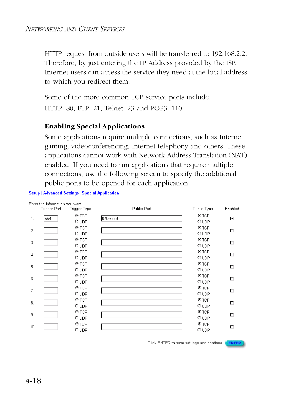 Enabling special applications, Enabling special applications -18 | SMC Networks Barricade SMC7004AWBR User Manual | Page 52 / 94