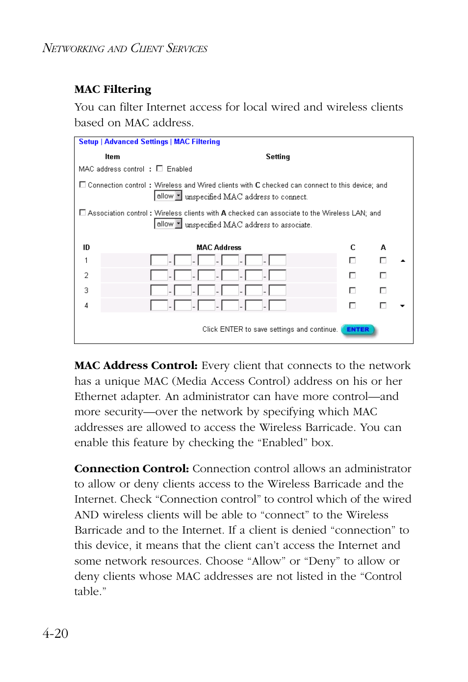 Mac filtering, Mac filtering -20 | SMC Networks Barricade SMC7004AWBR User Manual | Page 54 / 94