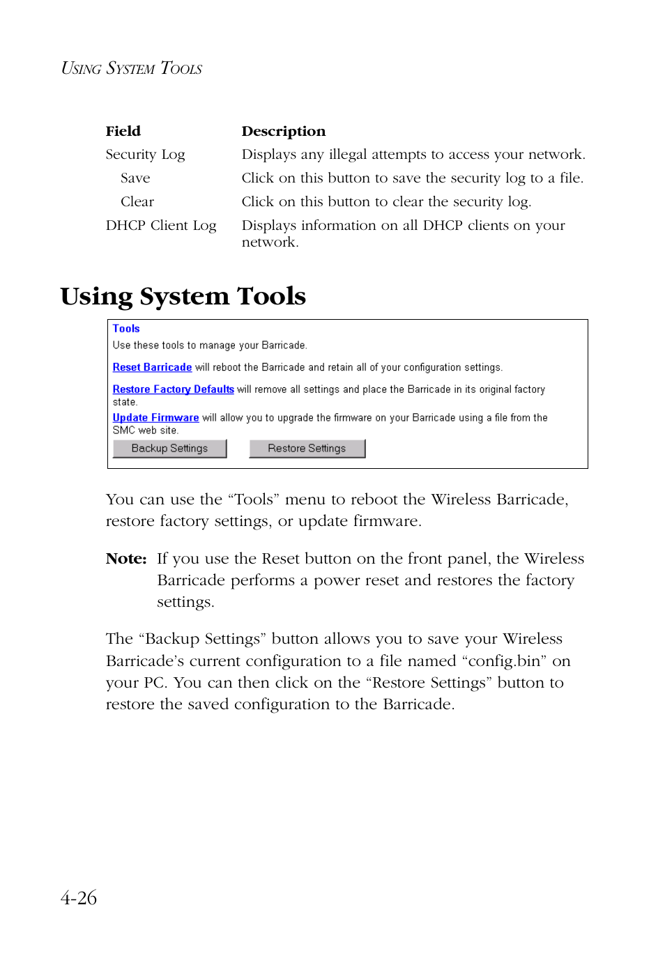 Using system tools, Using system tools -26 | SMC Networks Barricade SMC7004AWBR User Manual | Page 60 / 94