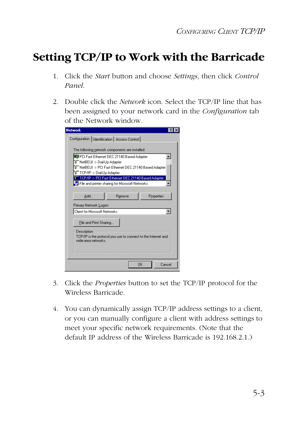 Setting tcp/ip to work with the barricade, Setting tcp/ip to work with the barricade -3 | SMC Networks Barricade SMC7004AWBR User Manual | Page 63 / 94