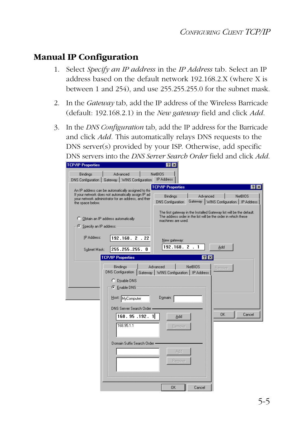 Manual ip configuration, Manual ip configuration -5, Tcp/ip 5-5 manual ip configuration | SMC Networks Barricade SMC7004AWBR User Manual | Page 65 / 94