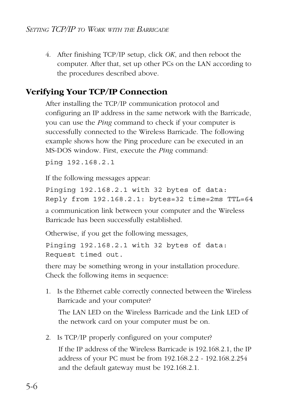 Verifying your tcp/ip connection, Verifying your tcp/ip connection -6, Tcp/ip | SMC Networks Barricade SMC7004AWBR User Manual | Page 66 / 94