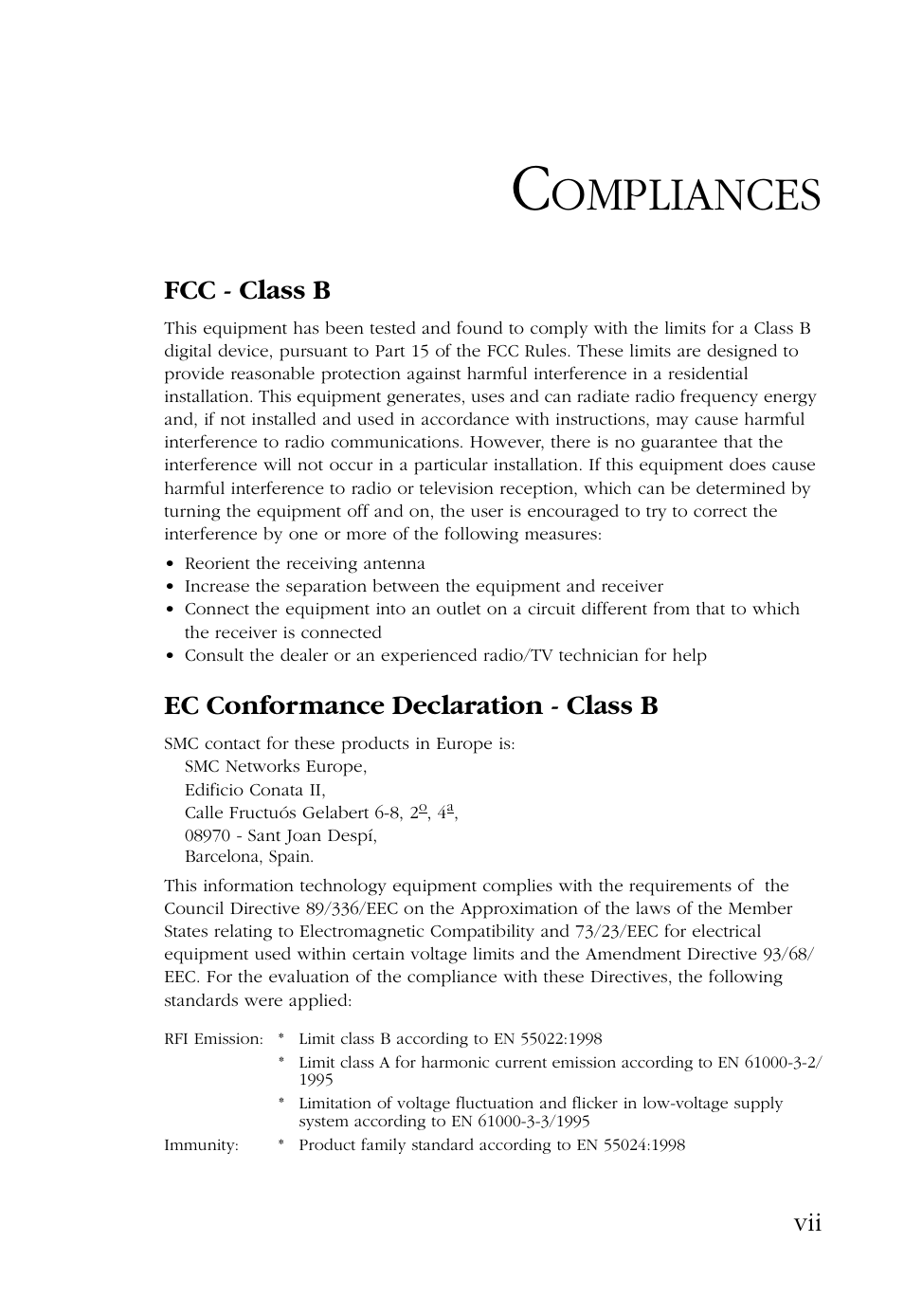 Ompliances, Fcc - class b, Ec conformance declaration - class b | SMC Networks Barricade SMC7004AWBR User Manual | Page 7 / 94