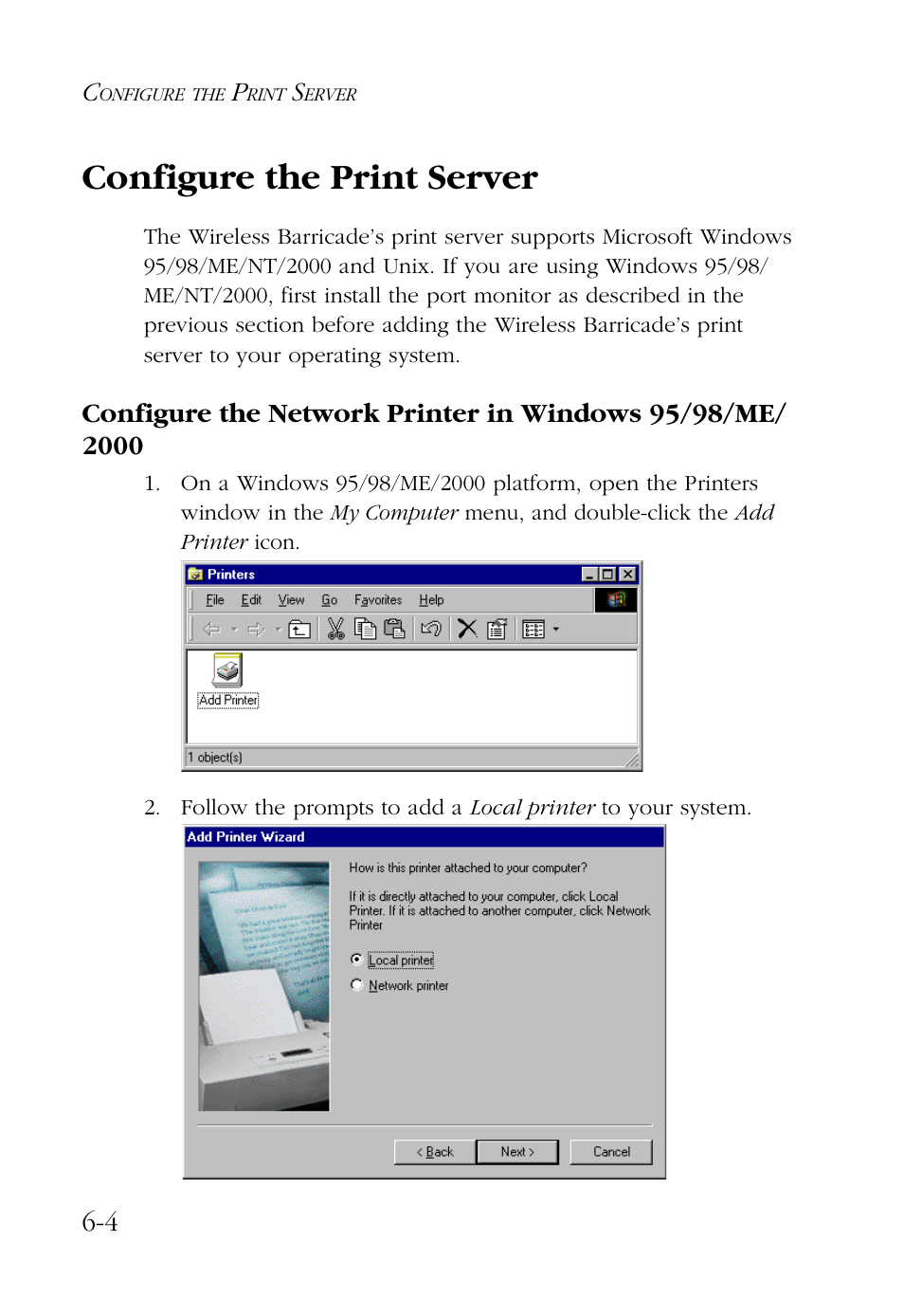 Configure the print server, Configure the print server -4, Configure the network printer in | Windows 95/98/me/2000 -4 | SMC Networks Barricade SMC7004AWBR User Manual | Page 72 / 94