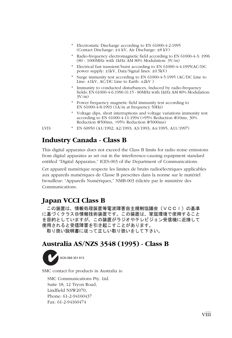 Viii industry canada - class b | SMC Networks Barricade SMC7004AWBR User Manual | Page 8 / 94