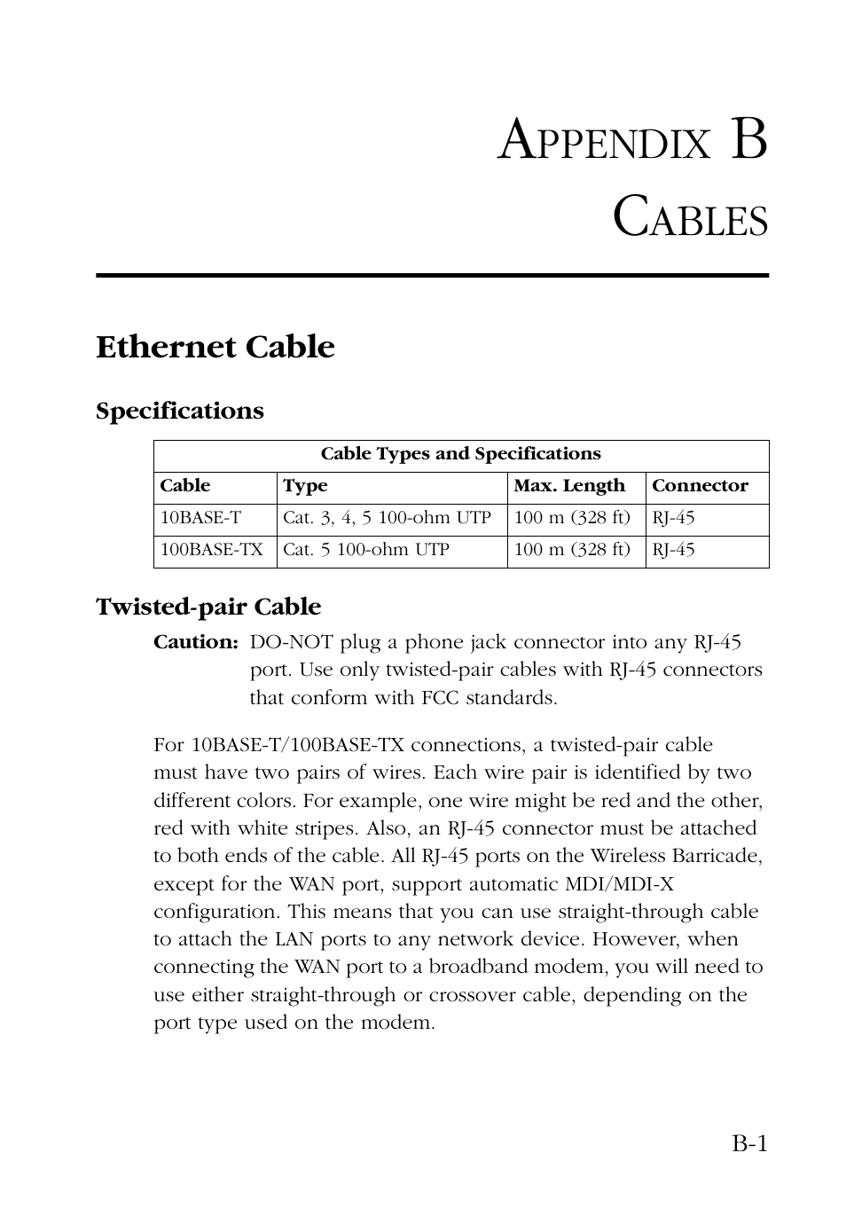 Appendix b cables, Ethernet cable, Specifications | Twisted-pair cable, Ppendix, Ables | SMC Networks Barricade SMC7004AWBR User Manual | Page 81 / 94