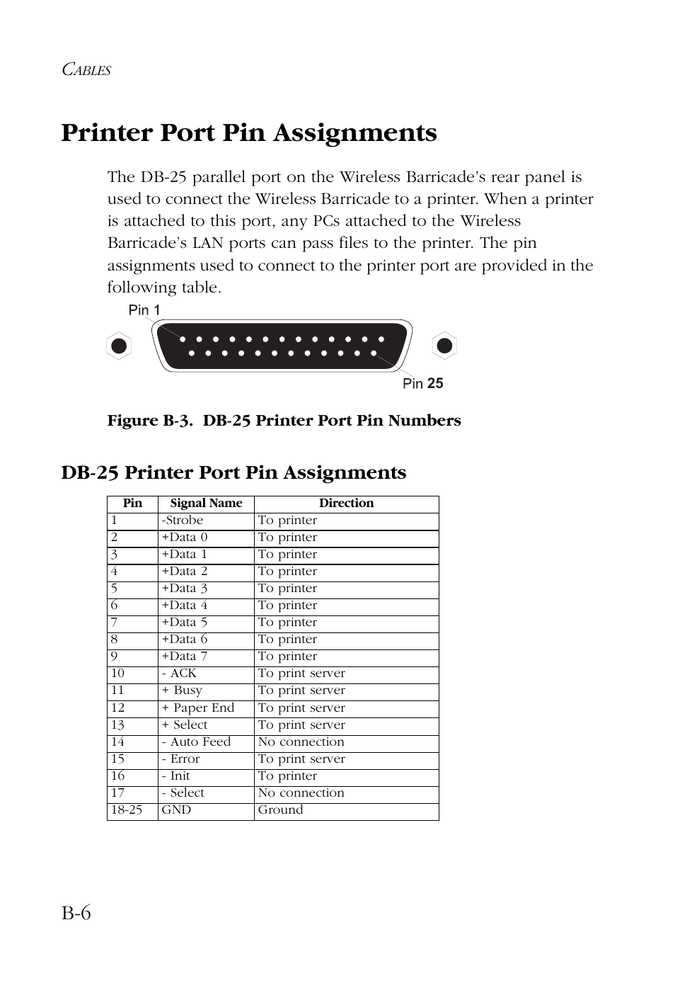 Printer port pin assignments, Db-25 printer port pin assignments | SMC Networks Barricade SMC7004AWBR User Manual | Page 86 / 94