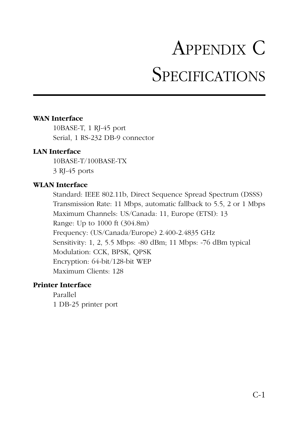 Appendix c specifications, Ppendix, Pecifications | SMC Networks Barricade SMC7004AWBR User Manual | Page 87 / 94