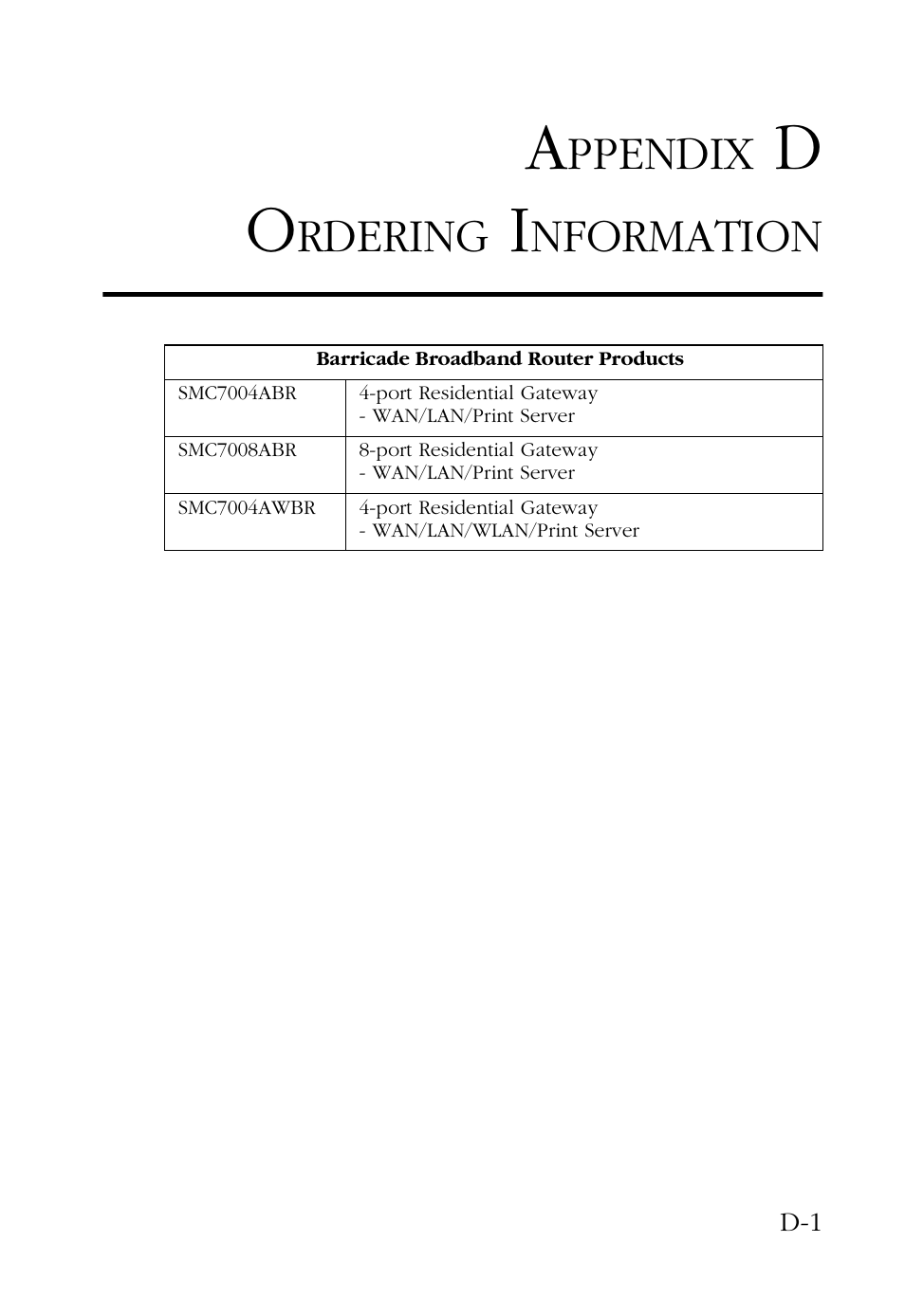 Appendix d ordering information, Ppendix, Rdering | Nformation | SMC Networks Barricade SMC7004AWBR User Manual | Page 91 / 94
