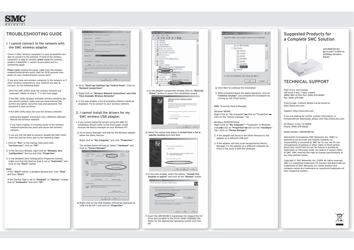 Qig_wusb-n2_back, Troubleshooting guide, Suggested products for a complete smc solution | Technical support | SMC Networks EZCONNECT SMCWUSB-N2 User Manual | Page 2 / 2