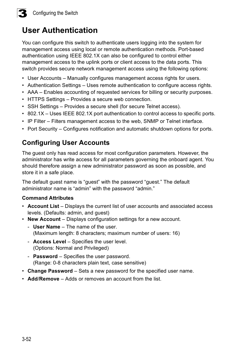 User authentication, Configuring user accounts | SMC Networks SMC Tiger 10/100 SMC6128PL2 User Manual | Page 104 / 664