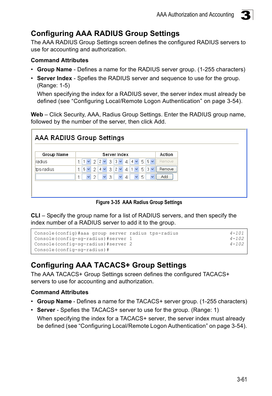 Configuring aaa radius group settings, Configuring aaa tacacs+ group settings, Figure 3-35 aaa radius group settings | SMC Networks SMC Tiger 10/100 SMC6128PL2 User Manual | Page 113 / 664