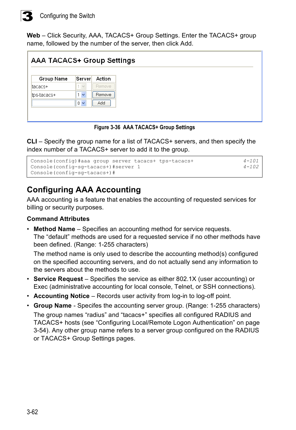 Configuring aaa accounting, Figure 3-36 aaa tacacs+ group settings | SMC Networks SMC Tiger 10/100 SMC6128PL2 User Manual | Page 114 / 664