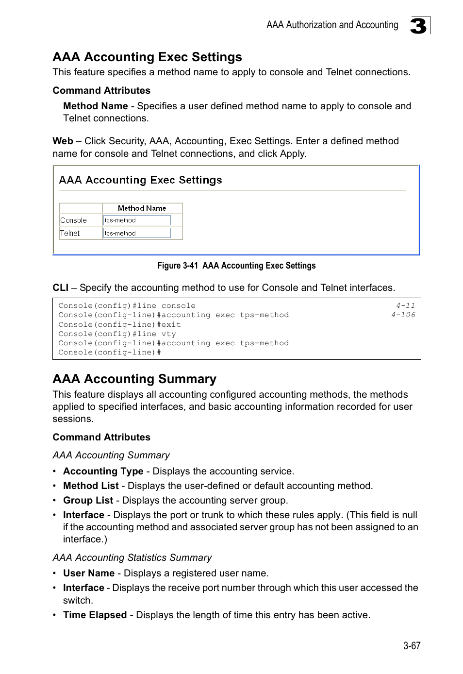 Aaa accounting exec settings, Aaa accounting summary, Figure 3-41 aaa accounting exec settings | SMC Networks SMC Tiger 10/100 SMC6128PL2 User Manual | Page 119 / 664