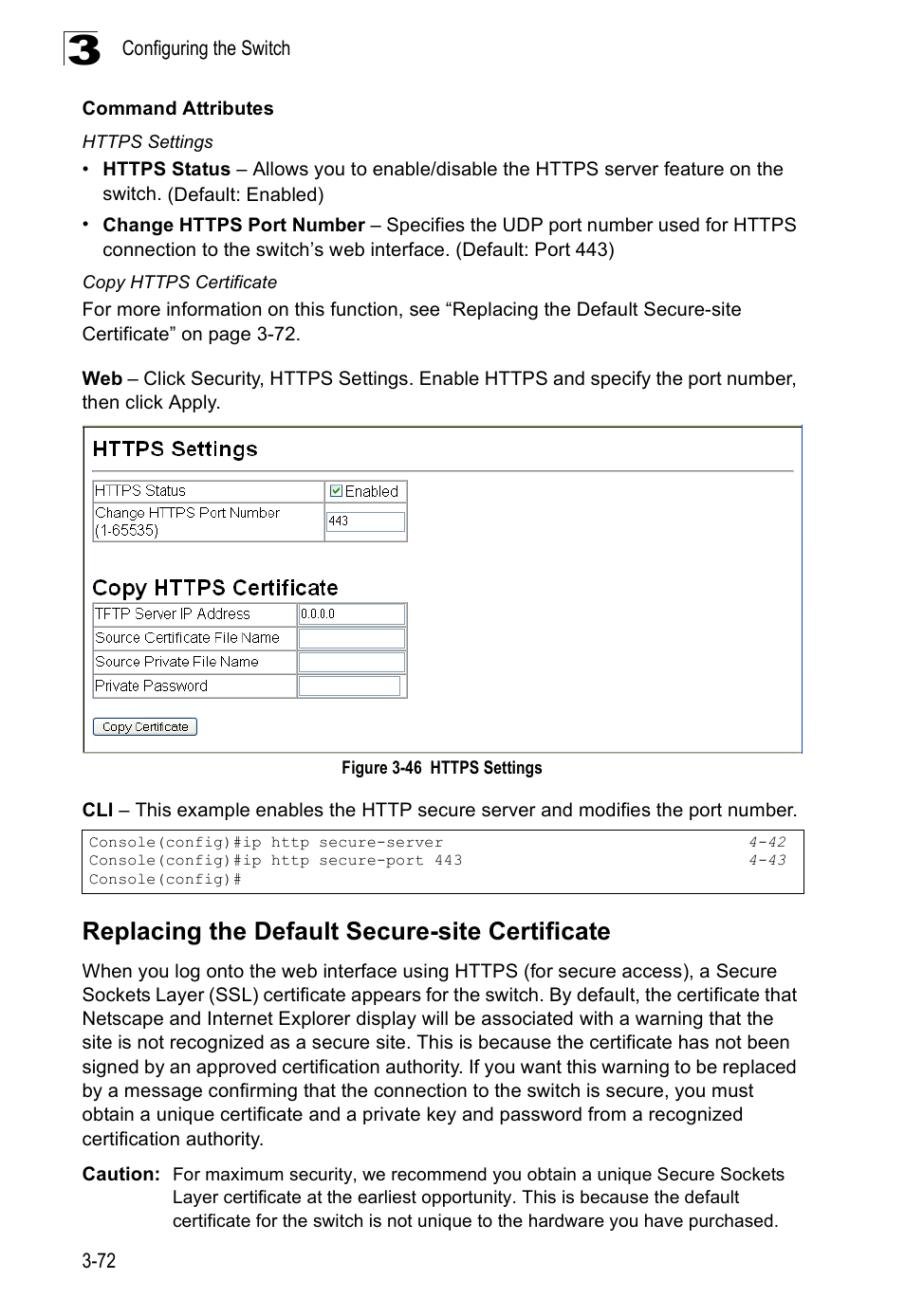Replacing the default secure-site certificate, Figure 3-46, Https settings | SMC Networks SMC Tiger 10/100 SMC6128PL2 User Manual | Page 124 / 664