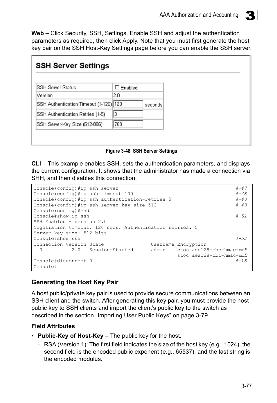 Generating the host key pair, Figure 3-48, Ssh server settings | SMC Networks SMC Tiger 10/100 SMC6128PL2 User Manual | Page 129 / 664