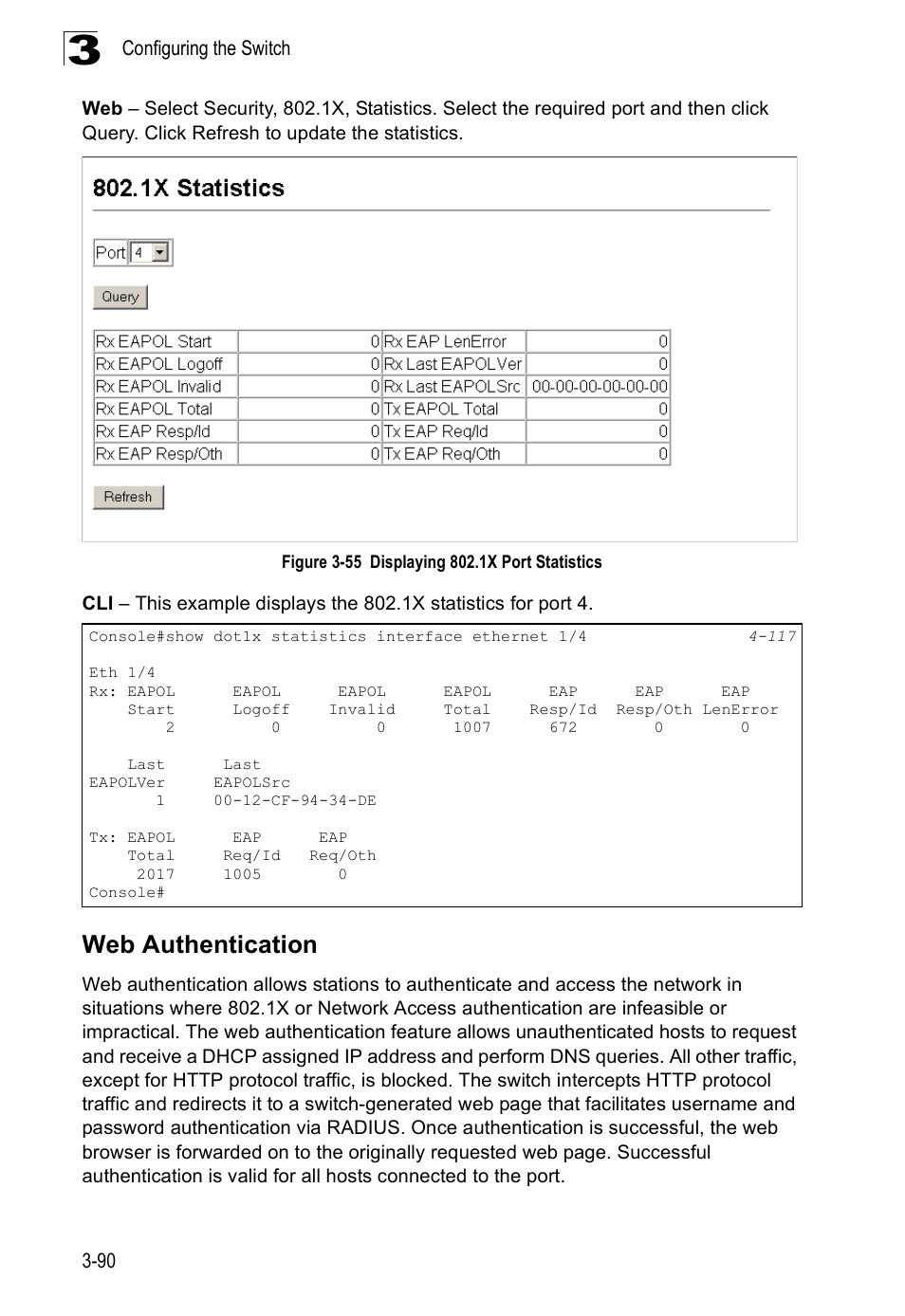 Web authentication, Figure 3-55, Displaying 802.1x port statistics | SMC Networks SMC Tiger 10/100 SMC6128PL2 User Manual | Page 142 / 664