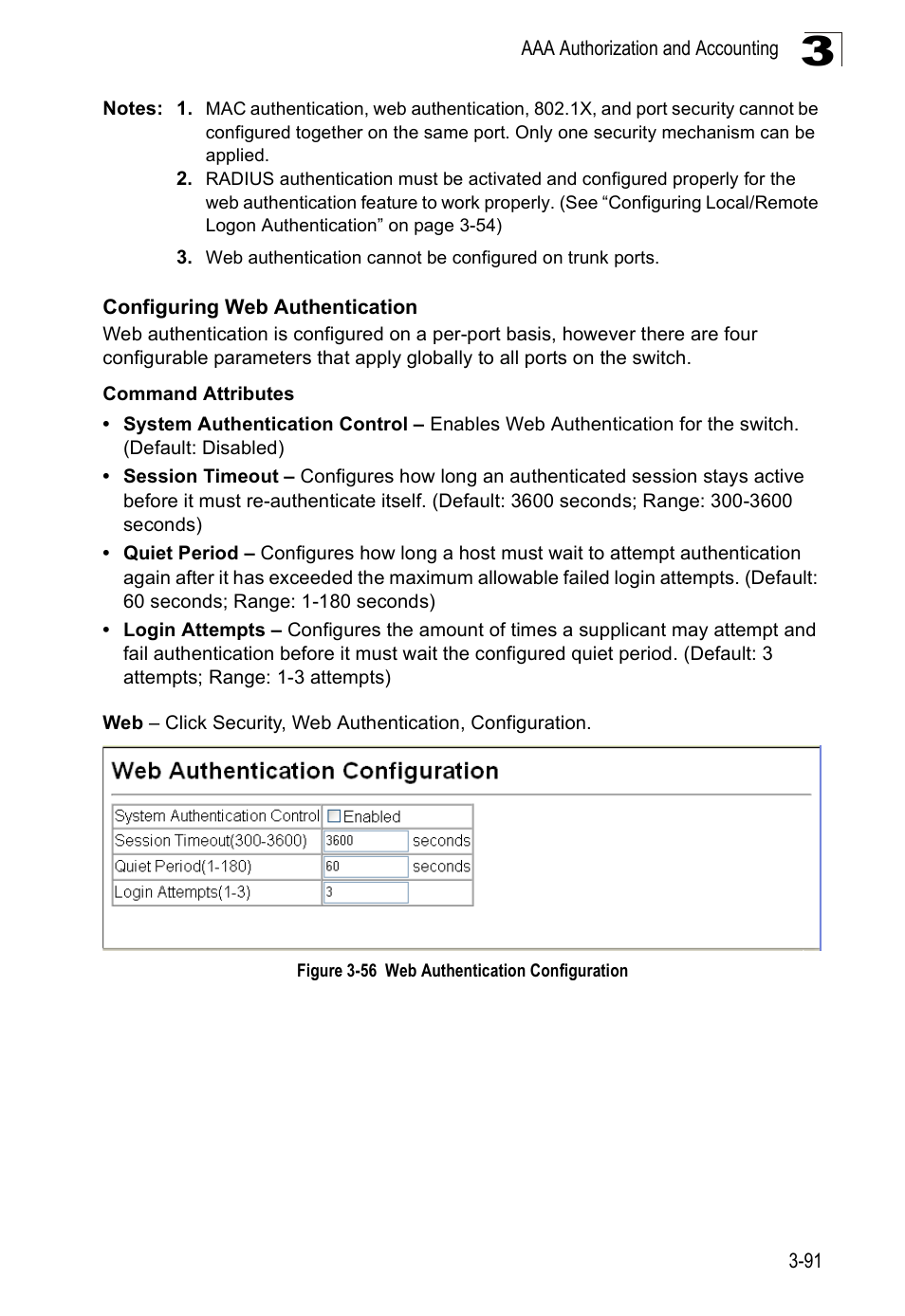 Configuring web authentication, Figure 3-56, Web authentication configuration | SMC Networks SMC Tiger 10/100 SMC6128PL2 User Manual | Page 143 / 664