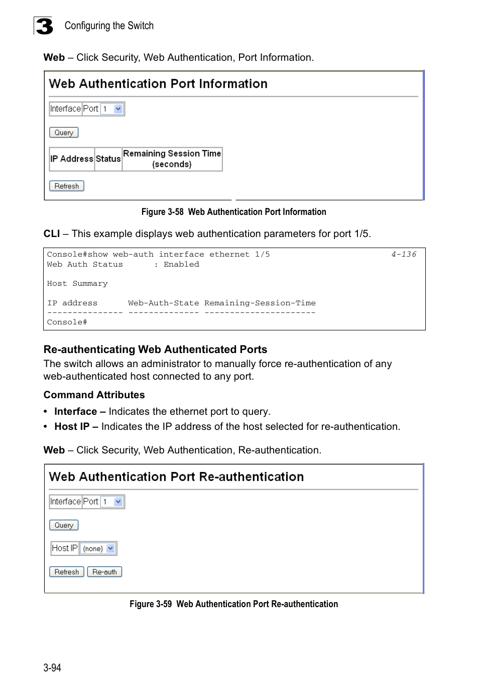 Re-authenticating web authenticated ports, Figure 3-58, Web authentication port information | Figure 3-59, Web authentication port re-authentication | SMC Networks SMC Tiger 10/100 SMC6128PL2 User Manual | Page 146 / 664