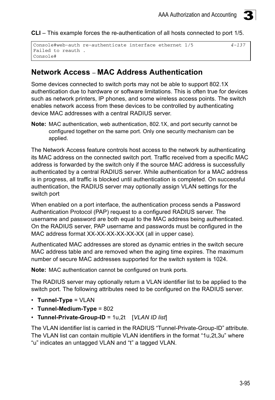 Network access - mac address authentication, Network access – mac address authentication, Network access | Mac address authentication | SMC Networks SMC Tiger 10/100 SMC6128PL2 User Manual | Page 147 / 664