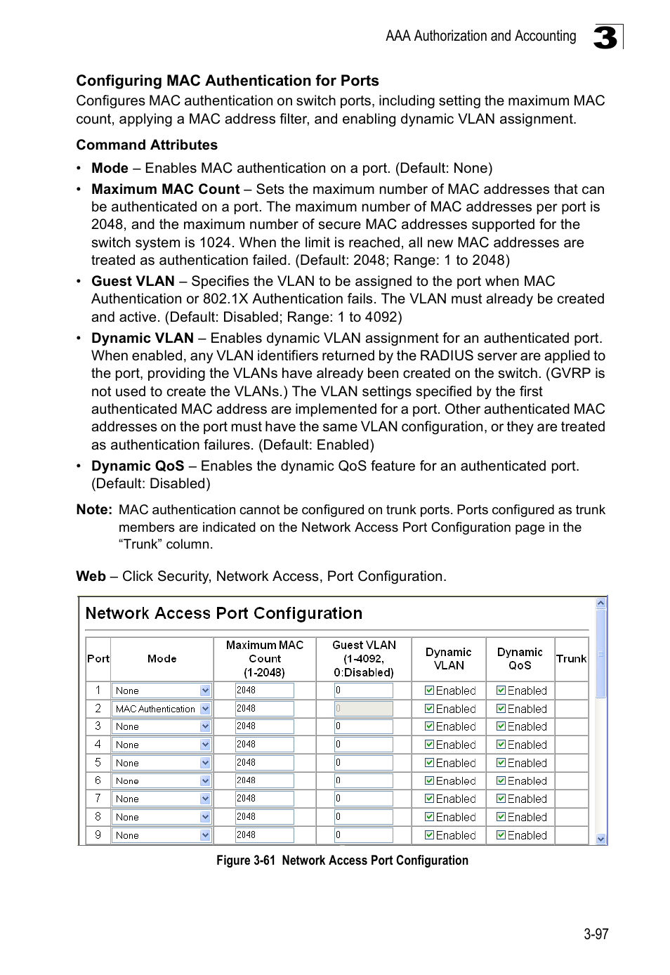 Configuring mac authentication for ports, Figure 3-61, Network access port configuration | SMC Networks SMC Tiger 10/100 SMC6128PL2 User Manual | Page 149 / 664