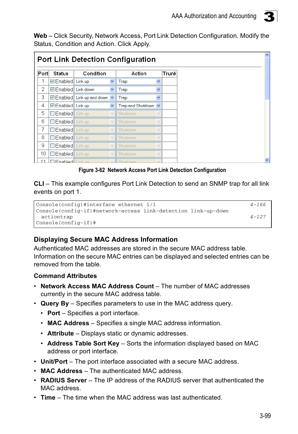 Displaying secure mac address information, Figure 3-62, Network access port link detection configuration | SMC Networks SMC Tiger 10/100 SMC6128PL2 User Manual | Page 151 / 664
