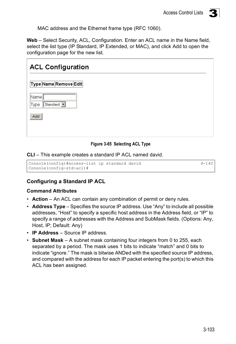 Configuring a standard ip acl, Figure 3-65, Selecting acl type | SMC Networks SMC Tiger 10/100 SMC6128PL2 User Manual | Page 155 / 664