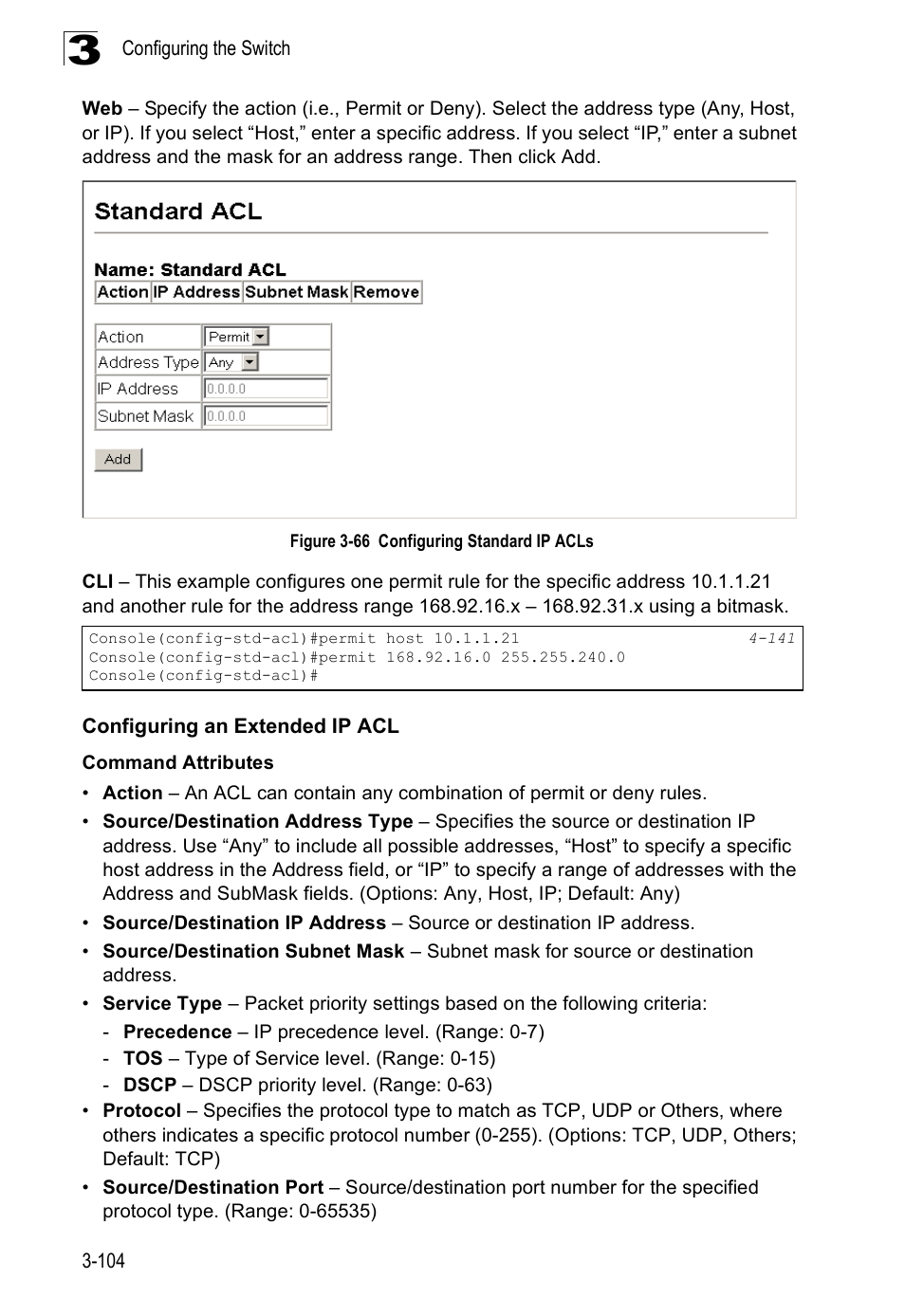 Configuring an extended ip acl, Figure 3-66, Configuring standard ip acls | SMC Networks SMC Tiger 10/100 SMC6128PL2 User Manual | Page 156 / 664